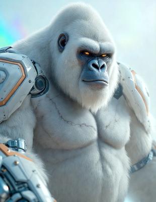The primary subject of the image is a large, muscular gorilla with a menacing expression. The gorilla is wearing a futuristic, metallic suit, giving it a robotic appearance. The setting is a futuristic environment, with the gorilla standing in front of a backdrop of a cityscape. The visual style is a combination of photo and digital art, creating a unique and intriguing image. The colors and mood of the image are dark and intense, with the g